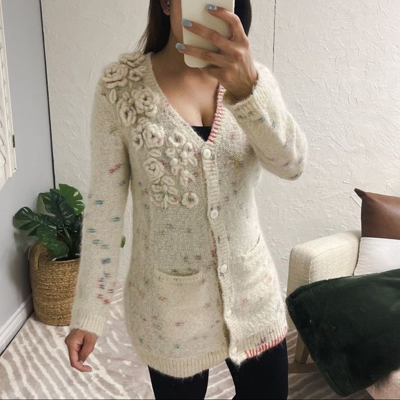 LoveShackFancy Emmanuelle Cardigan Moonrise Sweater Alpaca S Cream Long Flowers - Picture 2 of 14